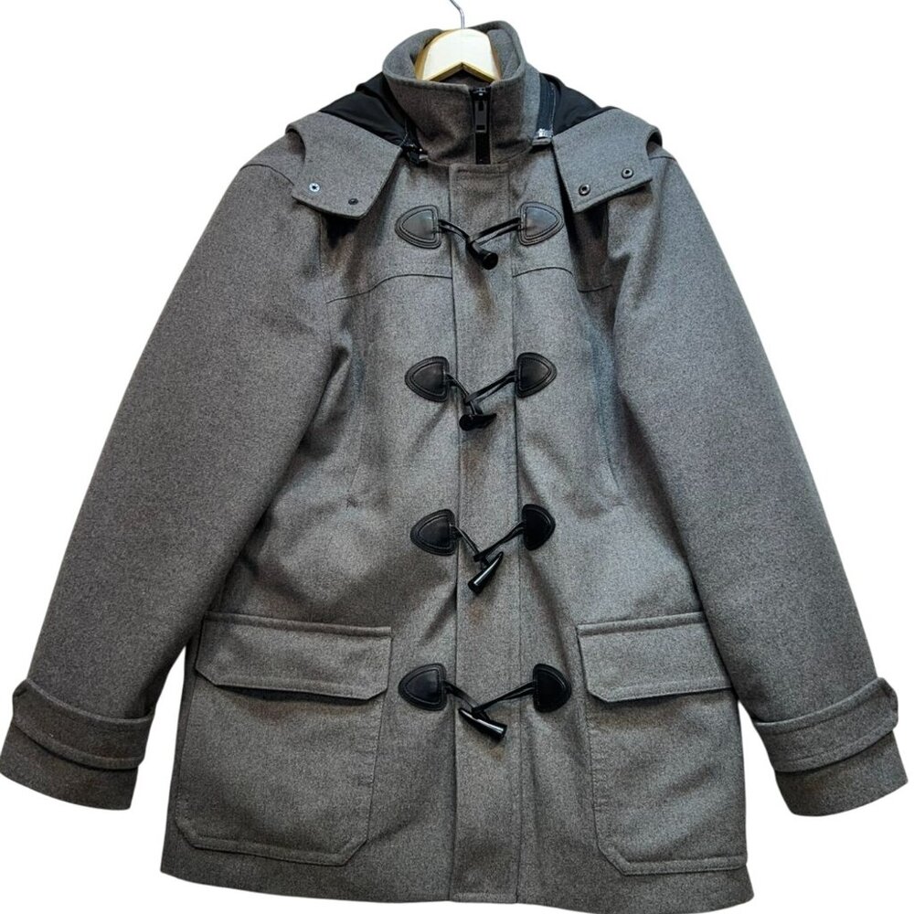 Express Men's Wool Blend Duffle Coat Toggle Hooded Long Sleeve Sz L Gray Pockets